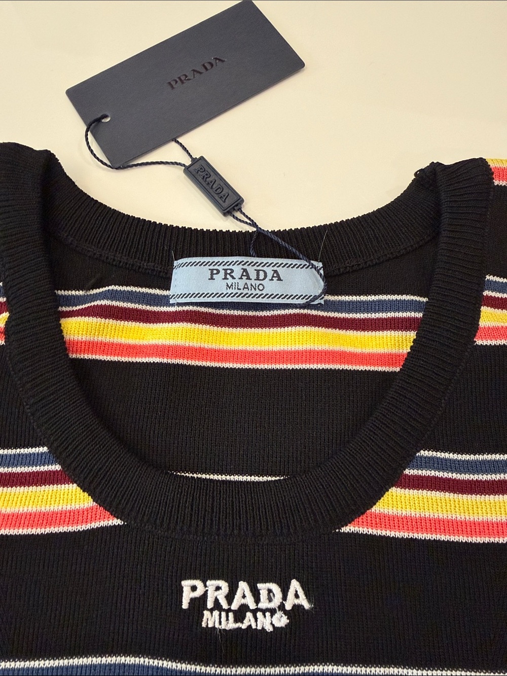 Prada Black Striped Knit Tank Top with Pink, Yellow & Blue Stripes - Picture 5 of 13